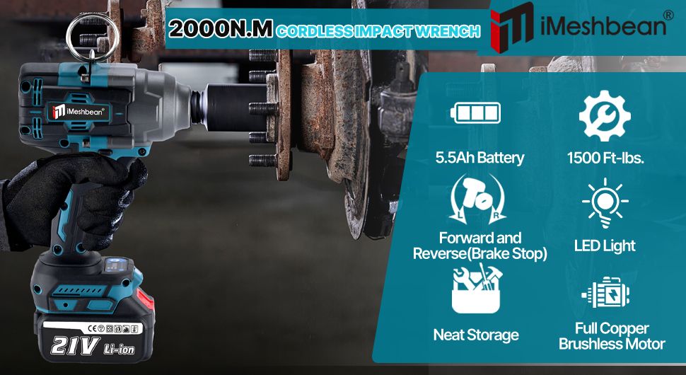 2000Nm Cordless Impact Wrench 1500ft-lbs 1/2 Battery Impact Gun