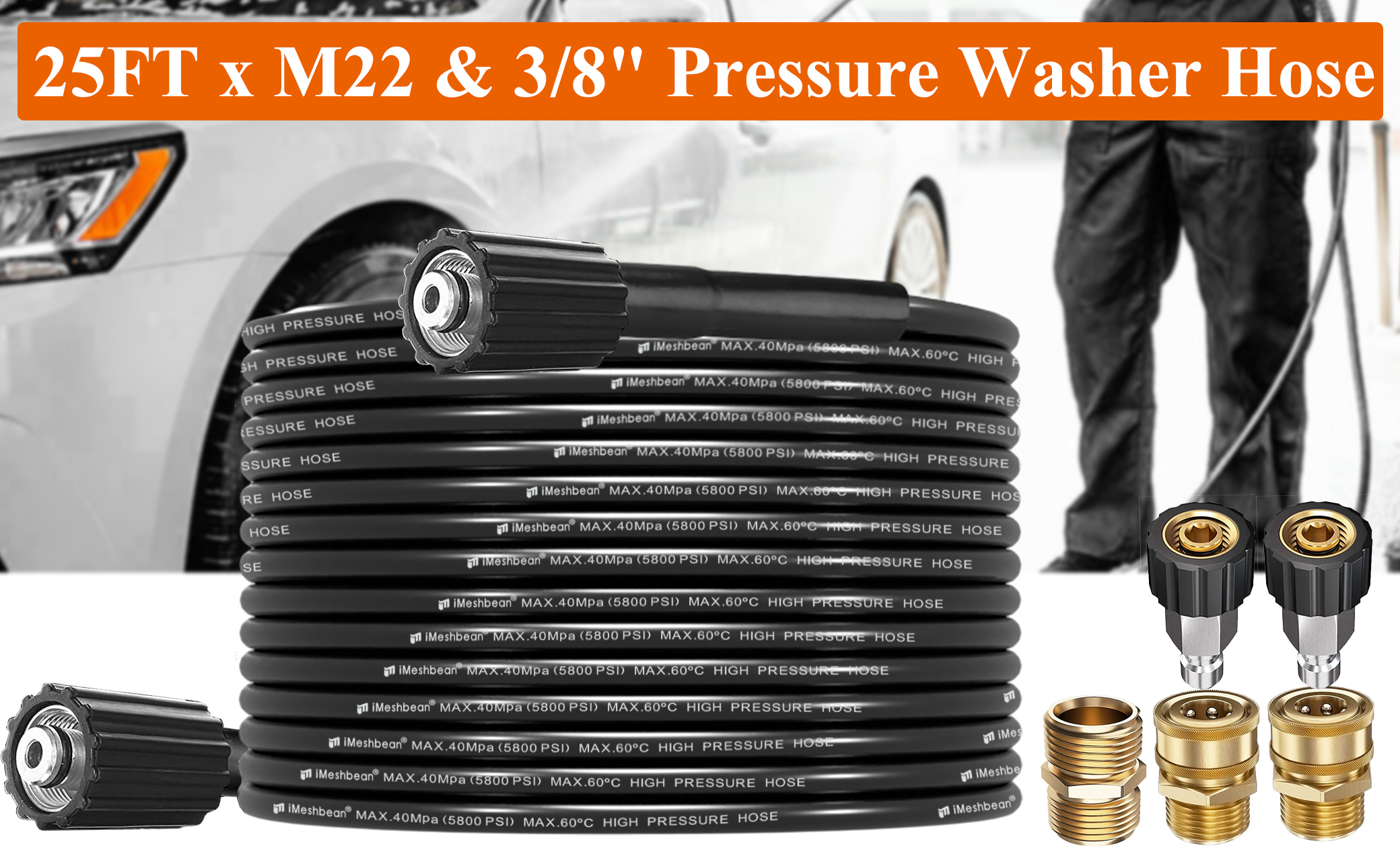 thumbnail image 2 of IMeshbean 50ft Pressure Washer Hose – 1/4" Replacement, M22 & 3/8" QC Adapter, 5800 PSI, Black 2 of 4