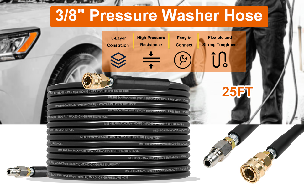thumbnail image 2 of 5800 PSI Pressure Washer Hose – 25FT X 3/8" With Swivel Quick Connect – 1/4" Extension Tube 2 of 4