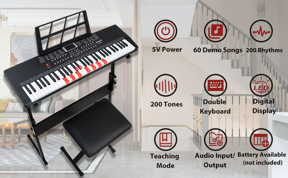 Electronic Piano Keyboard 61 Keys Digital with Stand, Stool - Black - Keyboards