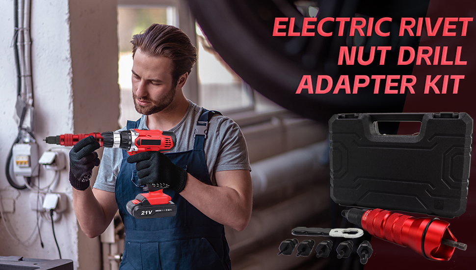 DEVMO Cordless Rivet Nut Gun Adapter, Electric Drill Riveting Tool Kit With 4 Nozzles, For DIY Woodworking, Metal, And Pipes
